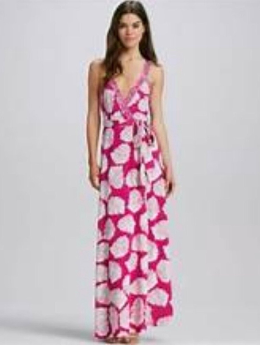 Diane Von Furstenberg Pink and White Sleeveless Wrap Maxi Dress - Picture 3 of 11